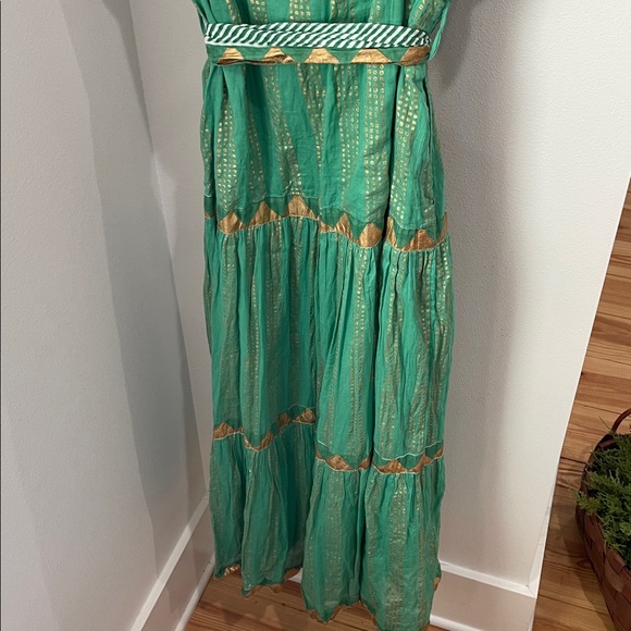 Oliphant green and gold 100% cotton button down maxi dress with pockets & sash - Picture 6 of 6